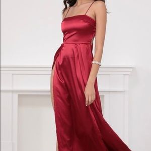 Lucy In The Sky Gala Satin Maxi Dress in Red